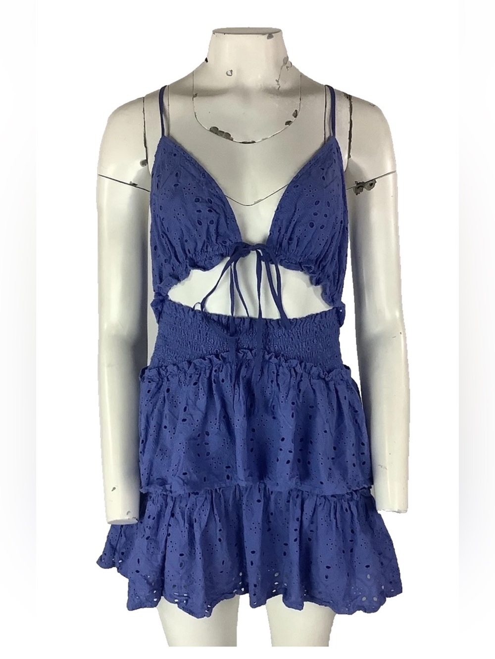 Mable Sz Eyelet Smocked Cut Out Tied Tiered Ruffle Strappy Dress Blue Rayon